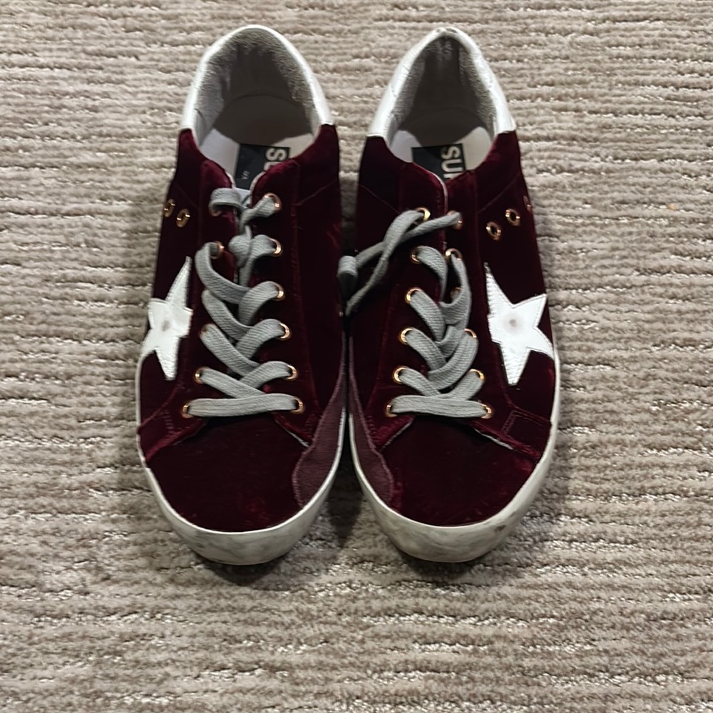 Golden Goose Burgundy and White Sneakers
